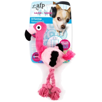 Produktverpackung: afp All for Paws DJ Flamingo Ultraschall-rosa Plüsch-Flamingo-Hundespielzeug mit geflochtenem Seilschwanz (Hund mit Kopfhörern).