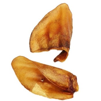 Deux oreilles de porc séchées pour chiens, montrant une couleur brun doré et une forme légèrement courbée, sur un fond blanc.