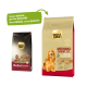 Zwei Select Gold Hundefuttertüten: eine "Medium Senior" mit einem Golden Retriever, die andere "Sensitive", beide mit der Aufschrift "Neues DESIGN, gleiche QUALITÄT."