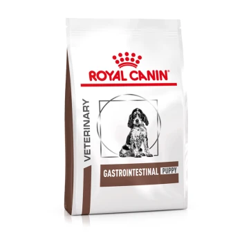 Royal Canin Veterinary Gastrointestinal Puppy Hundefutterbeutel mit einem schwarz-weißen Bild eines Welpen auf der Vorderseite.