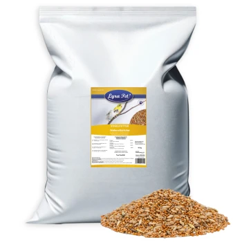 Eine herzförmige Anordnung verschiedener Samen, einschließlich kleiner brauner und goldener Samen, vor einem weißen Hintergrund präsentiert.