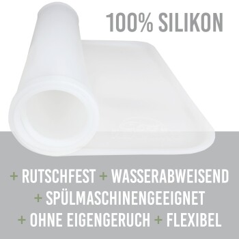 Silikon-Haustiermatte, beschriftet mit "100% SILIKON," mit Text, der ihre rutschfeste, wasserdichte, spülmaschinenfeste, geruchlose und flexible Eigenschaften hervorhebt.