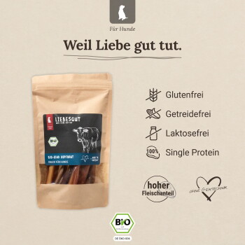Liebesgut-Braunbeutel mit Bio-Rind-Hundesnacks, Slogan „Weil Liebe gut tut.“ Symbole: Glutenfrei, Getreidefrei, Laktosefrei, Single-Protein.