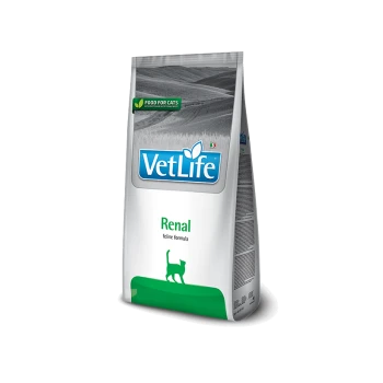 VetLife Renal feline formula Katzenfutterbeutel, mit einem blauen Logo, grünen Akzenten und einer Silhouette einer Katze.