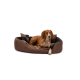 Ein braunes und schwarzes Hundebett mit einem Hund, der bequem darin liegt, und einem weichen, plüschigen Design, das ideal für Haustiere ist.