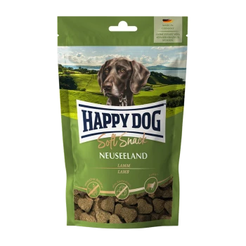 Happy Dog Soft Snack Neuseeland, friandises pour chiens au goût d'agneau dans un sac vert avec un chien et un paysage pittoresque, fabriqué en Allemagne.