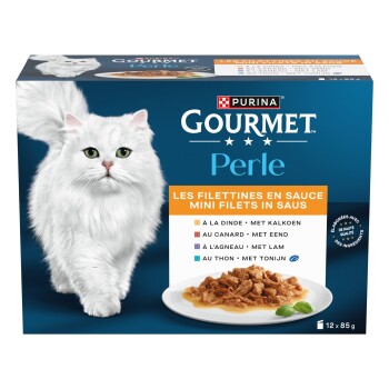 Boîte Purina Gourmet Perle pour chat présentant un chat blanc à poil long et assiette de mini-filets en sauce ; étiquette «Les filettines en sauce»