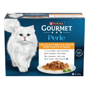 Purina Gourmet Perle kattenvoerdoos met witte langharige kat en bordje met mini-filets in saus; etiket 'Les filettines en sauce'