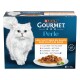 Boîte Purina Gourmet Perle pour chat présentant un chat blanc à poil long et assiette de mini-filets en sauce ; étiquette «Les filettines en sauce»