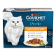 Boîte Purina Gourmet Perle pour chat présentant un chat blanc à poil long et assiette de mini-filets en sauce ; étiquette «Les filettines en sauce»