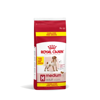 Royal Canin Medium Adult Hundefutterbeutel, 15 kg + 3 kg gratis, mit einer Hundillustration und Text, der die Unterstützung der Muskelmasse hervorhebt.