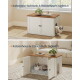 Weißer Holz-Katzenschrank/Beistelltisch und Katzenhaus/Couchtisch, Katzen; Text: 'Katzenklo-Schrank, Katzenhaus & Couchtisch'.
