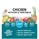 Chicken with rice & vegetables pet food label showing 55% chicken, 28% vegetables & rice, omega oils, 40% less fat, and health benefits.