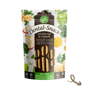 Verpackung für Zahnsnacks mit Algen und Grünkohl, beschriftet mit "100% Veggie" und "100% Irish", mit einem Pfotenabdruck-Design und Gesundheitsansprüchen auf Deutsch.