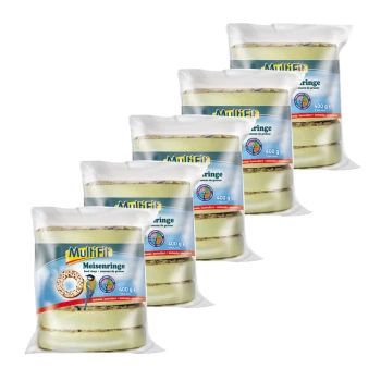 Fünf Pakete Multifit Meisenringe Vogelfutter, jeweils mit 400g, präsentiert mit einem bunten Etikett, das eine Vogelgrafik zeigt.