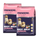Zwei Säcke Hundefutter mit der Aufschrift "Premiere. Best Meat Junior." in einem rosa und dunkelblauen Design, mit einer Schüssel Trockenfutter und Hühnerstücken.