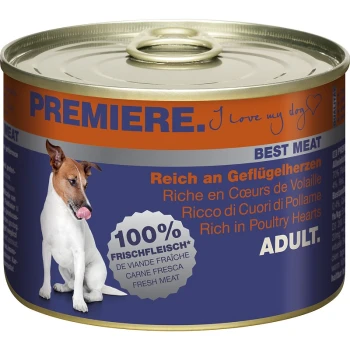 Canned dog food labeled "Premiere" featuring a dog licking its lips, with text stating "100% Fresh Meat" and "Rich in Poultry Hearts."