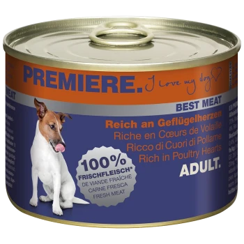 Dosen-Hundefutter mit der Aufschrift "Premiere", das einen Hund zeigt, der sich die Lippen leckt, mit dem Text "100% Frisches Fleisch" und "Reich an Geflügelherzen."