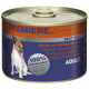 Dosen-Hundefutter mit der Aufschrift "Premiere", das einen Hund zeigt, der sich die Lippen leckt, mit dem Text "100% Frisches Fleisch" und "Reich an Geflügelherzen."