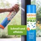 Eine Person sprüht ARDAP Fliegen Spray an ein Fenster, die Dose ist sichtbar. Text besagt "Schnell und effektiv" für die Verwendung als Fliegenabwehrmittel.