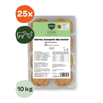 Schale mit rohen Futterwürfeln, beschriftet 'Würfel: Komplett‑Mix Senior Rind & Huhn' (Senior Rind & Huhn), 'Mini', mit 25×- und 10 kg‑Abzeichen