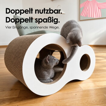 Zwei graue Katzen spielen in einem weißen doppelschleifen Katzentunnel; sichtbarer Text: 'Doppelt nutzbar. Doppelt spaßig.'