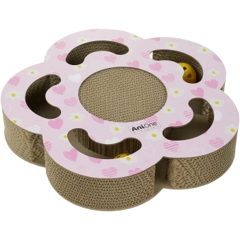Blumenförmiger Wellpapp-Kratzaufsatz für Katzen mit rosa Herzmuster oben, gelbem Spielball und AniOne-Logo.