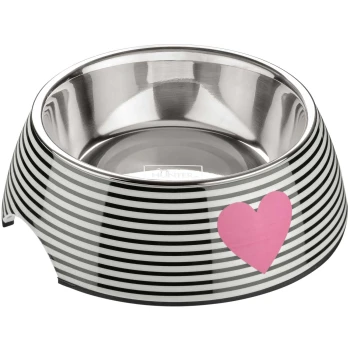 Schwarz-weiße gestreifte Futterschüssel für Haustiere mit einem Edelstahl-Innenraum und einem pinken Herzdesign an der Seite.