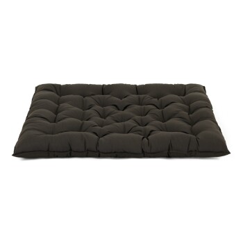 Eine Nahaufnahme eines dunkelbraunen Haustierbettes mit dem 'Doctor Bark'-Logo auf einem weißen Etikett, das sein plüschiges, gepolstertes Design zeigt.