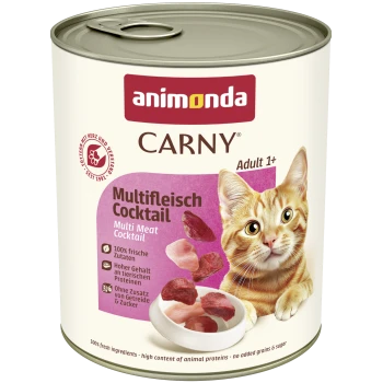 Boîte Animonda Carny pour chat : « Cocktail multi‑viandes / Multi Meat Cocktail » Adulte 1+, chat roux tigré avec un bol de viande.