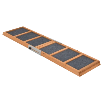 Holz-Haustierrampe mit einer strukturierten grauen Oberfläche für Traktion, entworfen für einen einfachen Zugang für Haustiere.