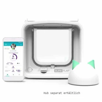 Intelligente Haustiertür mit einer Smartphone-App, die die Aktivitäten des Haustiers anzeigt, mit einem weißen Design und grünen Akzenten; der Text lautet "Hub separat erhältlich."