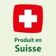 Carré rouge avec une croix blanche, le texte en dessous indique "Produit en Suisse" en vert, indiquant un produit fabriqué en Suisse.