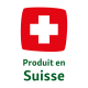 Carré rouge avec une croix blanche, le texte en dessous indique "Produit en Suisse" en vert, indiquant un produit fabriqué en Suisse.