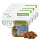 Katzenfutterverpackung mit "Mia's Feine Paté" mit Lachs, 100 g Behälter, und einer Portion des Patés daneben. Insgesamt 68 Stück.