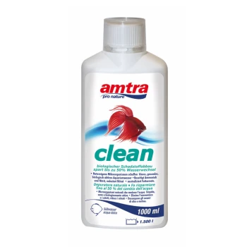 Clean 1 l Amtra Clean Flasche für die Aquarienpflege, mit einem roten Fischgrafik, mit Text, der biologische Entgiftung und Wassereinsparungen hervorhebt.