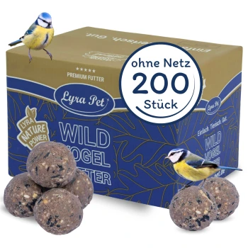 Packung mit 200 Gourmet-Vogelfutterbällen mit einer Blaumeise auf der Box und dem Boden, beschriftet "ohne Netz" und "50 Stück."