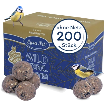 Packung mit 200 Gourmet-Vogelfutterbällen mit einer Blaumeise auf der Box und dem Boden, beschriftet "ohne Netz" und "50 Stück."