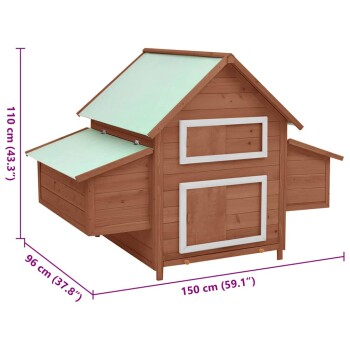 Holz-Haustierhaus mit einem geneigten Dach, misst 150 cm x 96 cm x 110 cm, mit zwei Seitenöffnungen und rustikalem Design.
