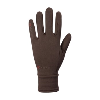 Braune Thermohandschuhe mit einer engen Passform, mit dem Polartec-Logo und Röckl-Branding am Handgelenk.