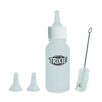 Clear plastic pet feeding bottle with a white cap, two silicone nipples, and a cleaning brush, labeled "TRIXIE."