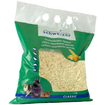Trockenboden spezial 3kg Tüte mit Schweizer absorbierender Streu für kleine Haustiere, 3 kg, mit grünem Design und Bildern eines Kaninchens, Meerschweinchens, Hamsters und einer Maus.