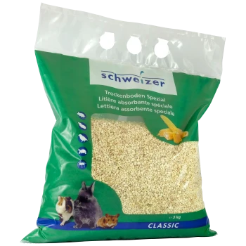 Sac de litière absorbante Schweizer pour petits animaux, 3 kg, avec un design vert et des images d'un lapin, d'un cochon d'Inde, d'un hamster et d'une souris.