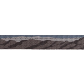 Eine gemusterte Haustierleine mit einem Berglandschaftsdesign in Grautönen, Braun und Blau.
