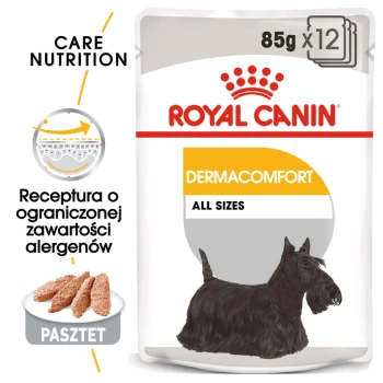 Opakowanie karmy dla psów Royal Canin Dermacomfort, z ilustracją czarnego teriera szkockiego, 85g x 12, z tekstem o przepisie zmniejszającym alergeny.