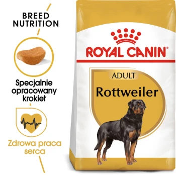 Torba z karmą dla dorosłych psów rasy Rottweiler Royal Canin, z wizerunkiem Rottweilera, z tekstem podkreślającym korzyści żywieniowe dla rasy i zdrowie serca.