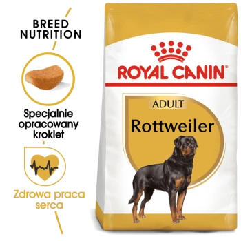 Torba z karmą dla dorosłych psów rasy Rottweiler Royal Canin, z wizerunkiem Rottweilera, z tekstem podkreślającym korzyści żywieniowe dla rasy i zdrowie serca.