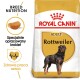 Torba z karmą dla dorosłych psów rasy Rottweiler Royal Canin, z wizerunkiem Rottweilera, z tekstem podkreślającym korzyści żywieniowe dla rasy i zdrowie serca.
