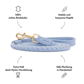 Hellblaue geflochtene Lederhundeleine mit goldener Schnalle und Text: '100% echtes Rindsleder', 'Stabil', 'Extra Griff', 'Handgefertigt.'