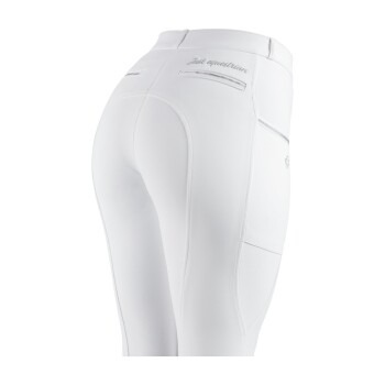 Weiße Reitleggings mit passgenauer Form, mit Taschen und dem aufgenähten Text 'Jad Equestrian' auf der Rückseite.